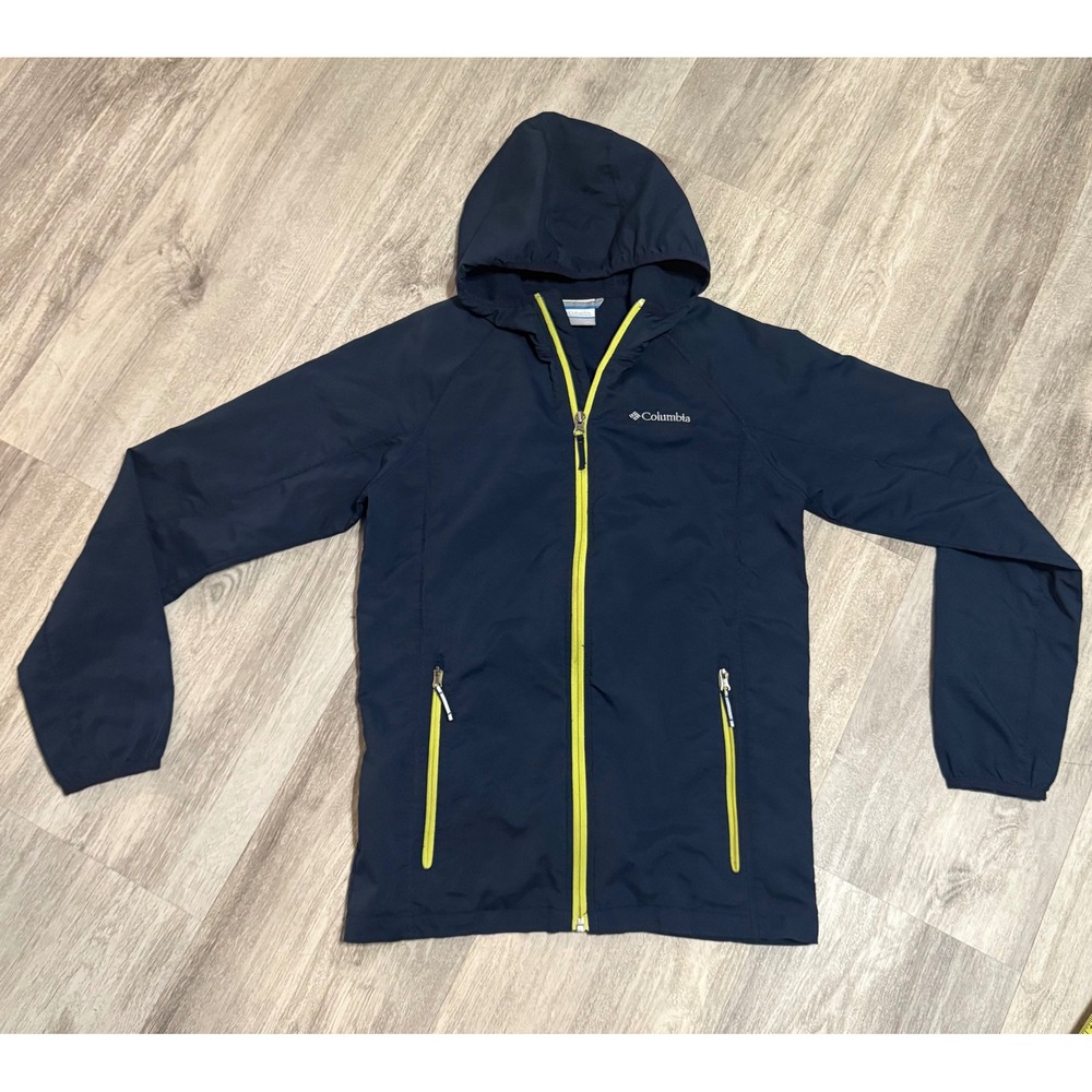 Columbia Kids' Hooded Windbreaker‎ Jacket Navy Blue Neon Yellow Size L